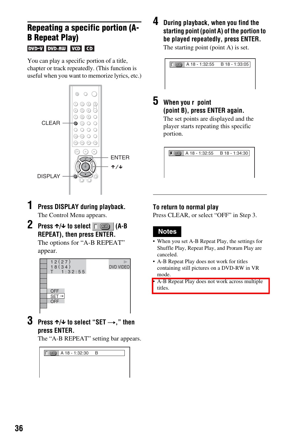 Repeating a specific portion (a- b repeat play) | Sony DVP-NS575P User Manual | Page 36 / 80