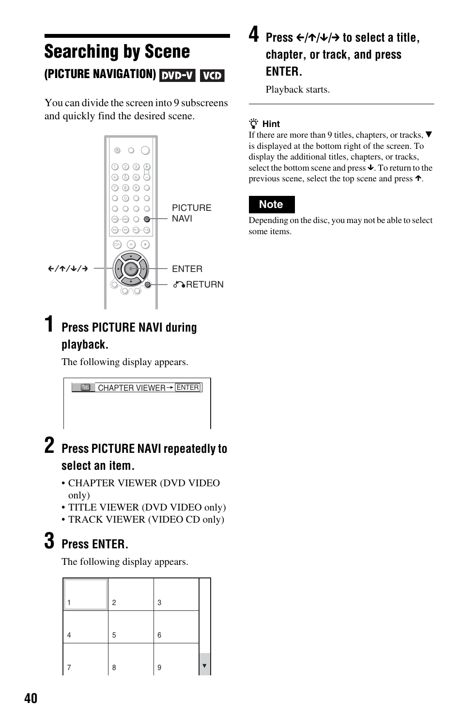 Searching by scene (picture navigation), Searching by scene, Button (40 | Sony DVP-NS575P User Manual | Page 40 / 80