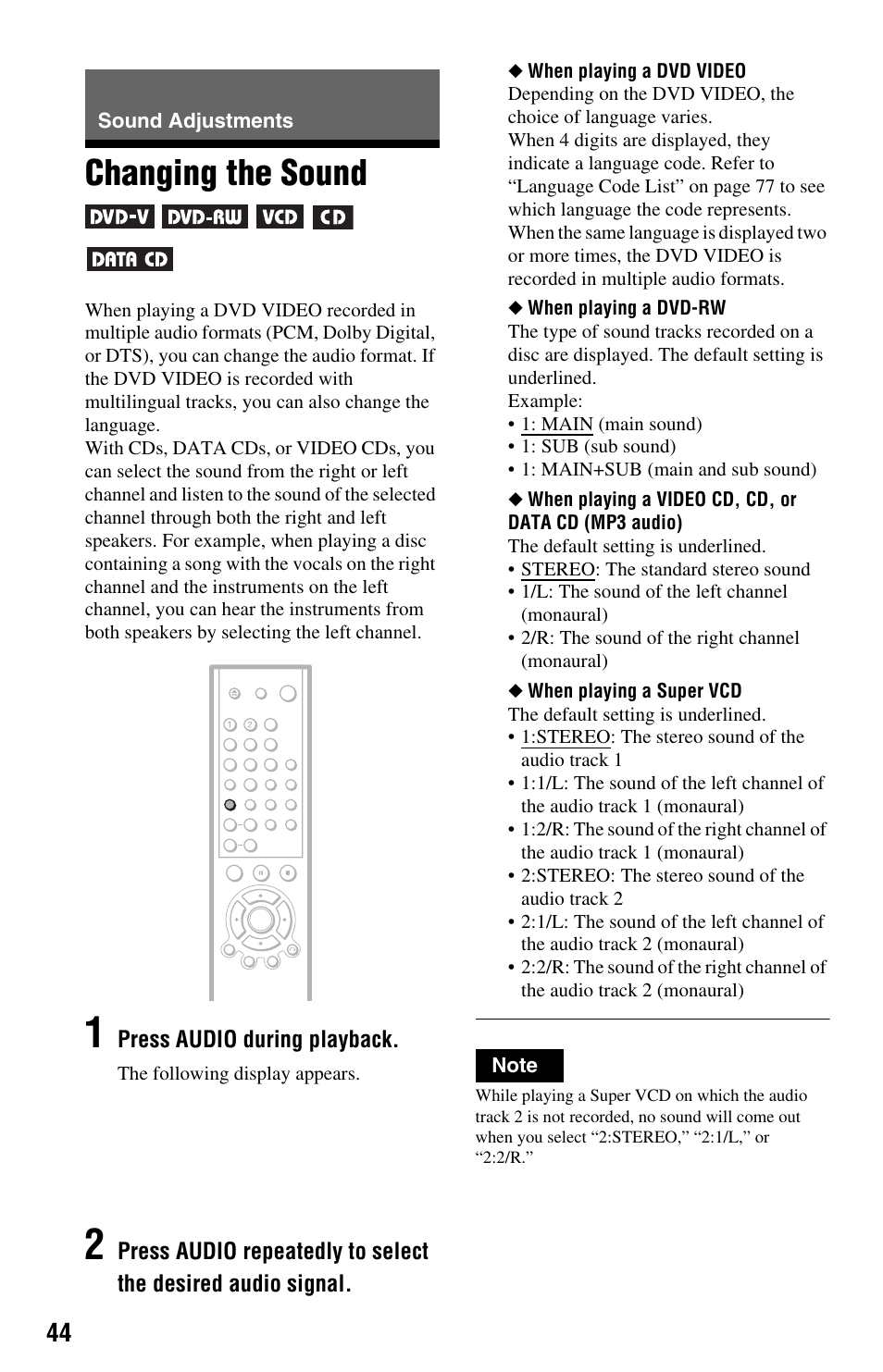 Sound adjustments, Changing the sound | Sony DVP-NS575P User Manual | Page 44 / 80