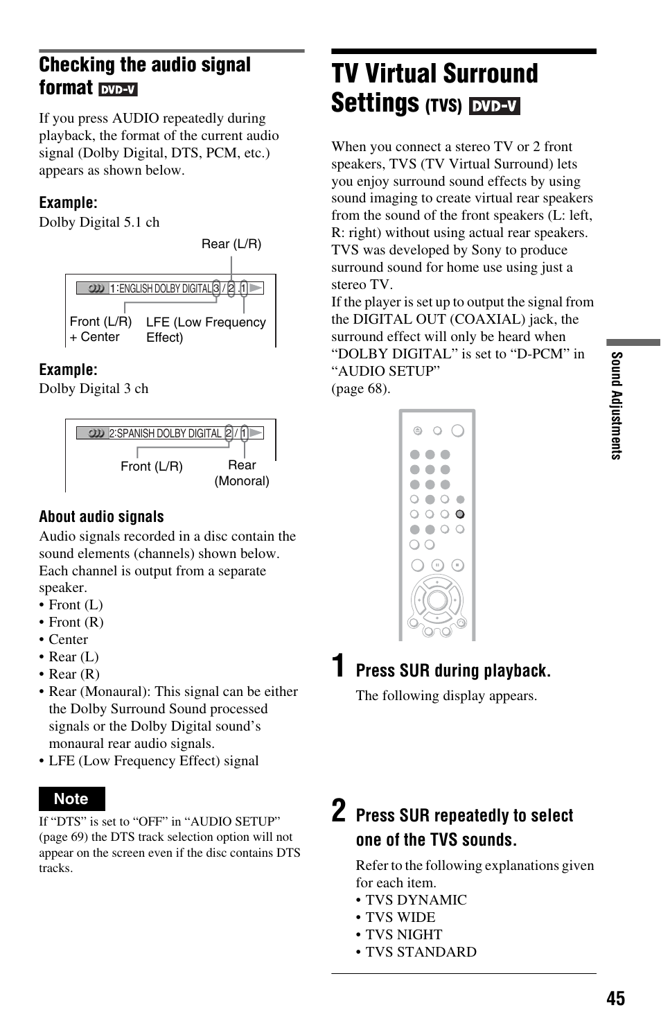 Tv virtual surround settings (tvs), N (45, Tv virtual surround settings | Checking the audio signal format | Sony DVP-NS575P User Manual | Page 45 / 80