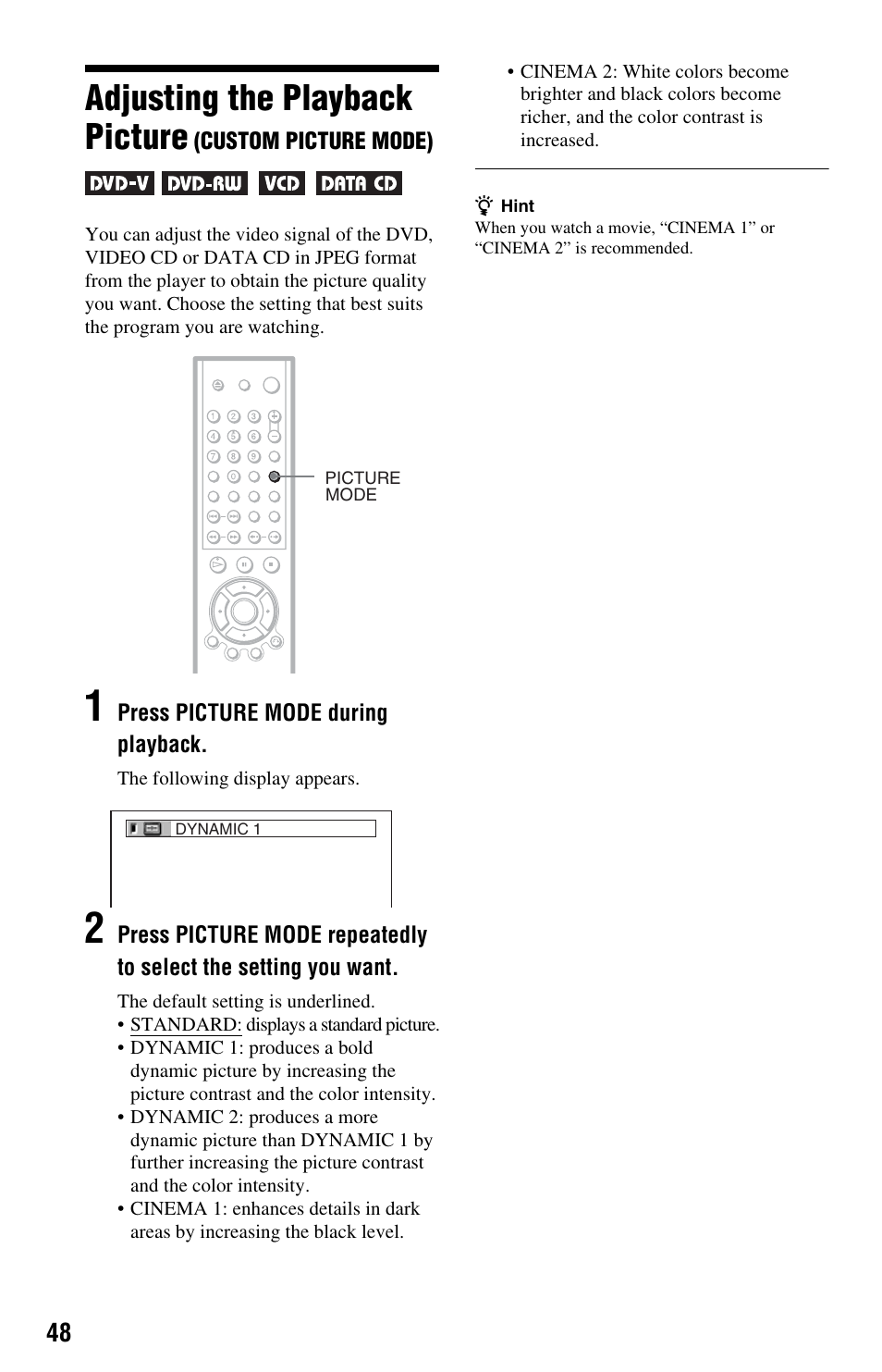 Adjusting the playback picture (cu, Mode button (48), Adjusting the playback picture | Sony DVP-NS575P User Manual | Page 48 / 80