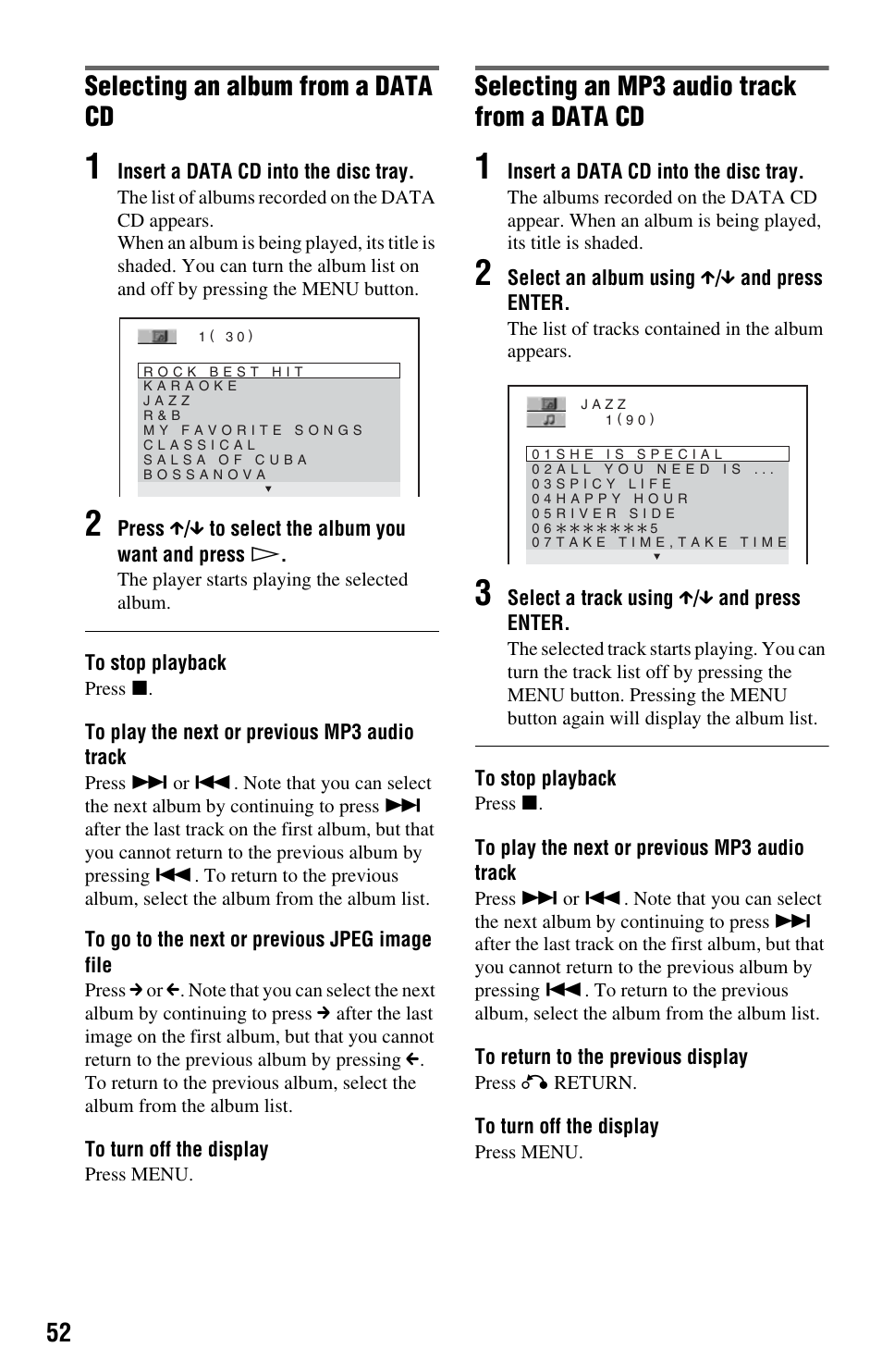 Selecting an album from a data cd, Selecting an mp3 audio track from a data cd | Sony DVP-NS575P User Manual | Page 52 / 80