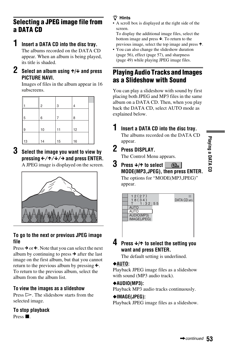 Selecting a jpeg image file from a data cd | Sony DVP-NS575P User Manual | Page 53 / 80