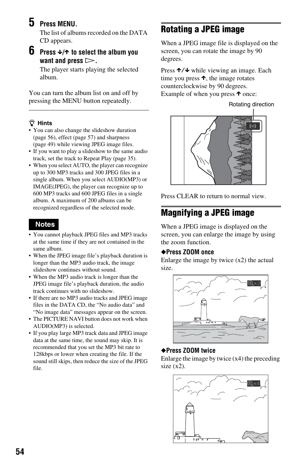 Rotating a jpeg image, Magnifying a jpeg image | Sony DVP-NS575P User Manual | Page 54 / 80