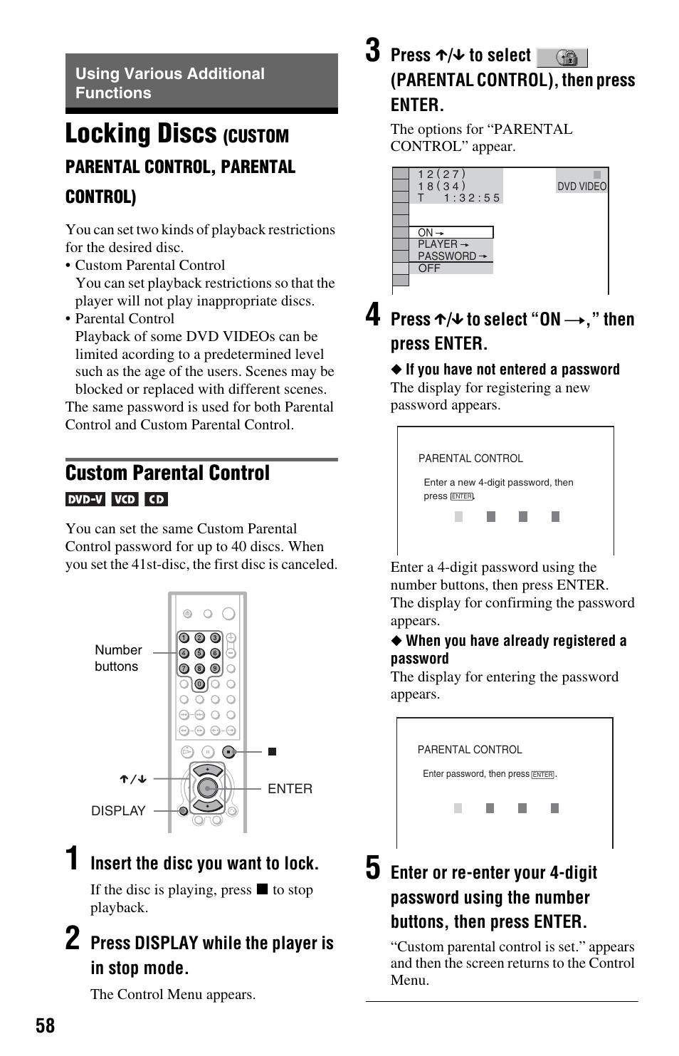 Using various additional functions, Locking discs, Custom parental control | Sony DVP-NS575P User Manual | Page 58 / 80