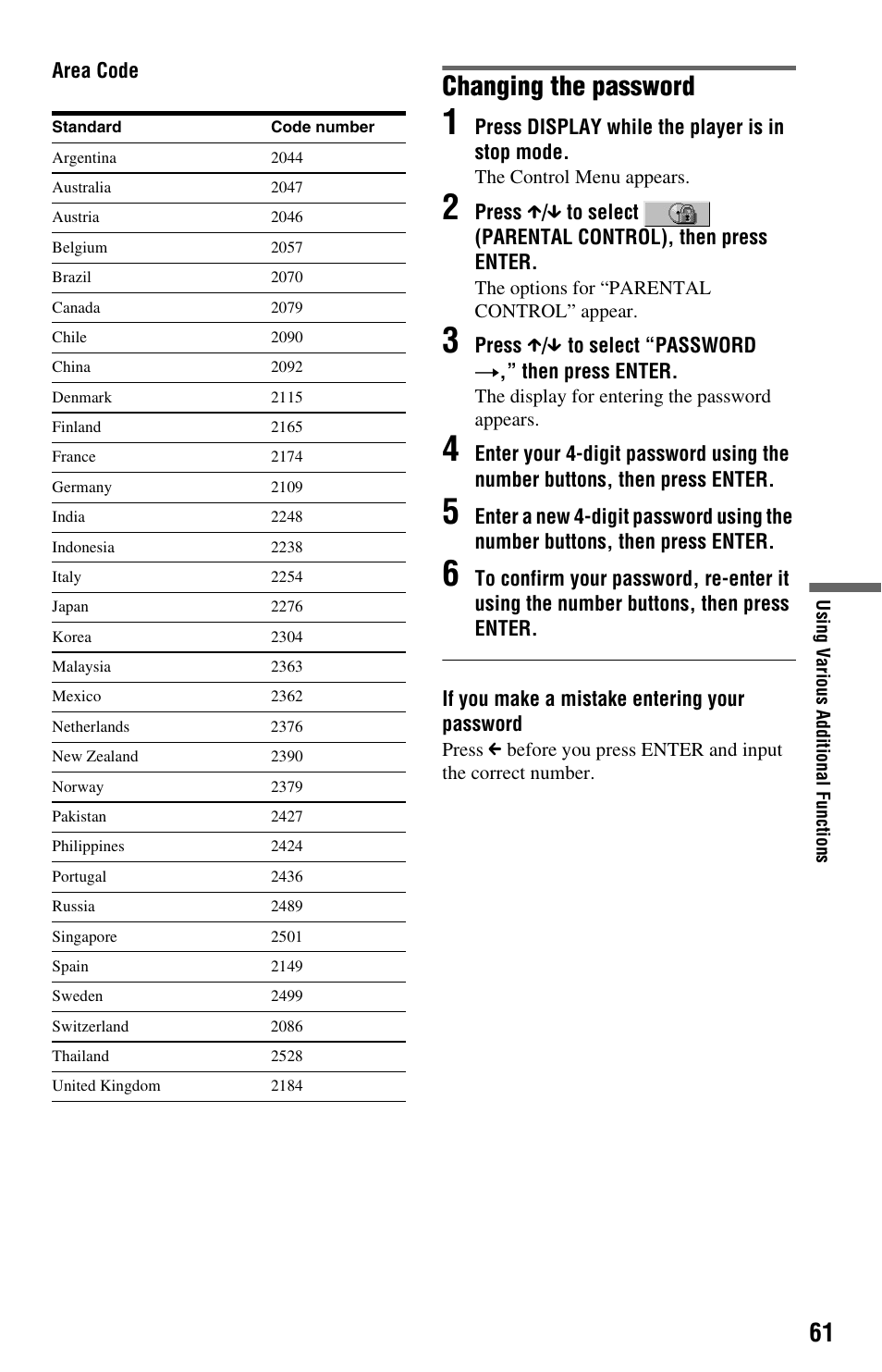 Changing the password | Sony DVP-NS575P User Manual | Page 61 / 80