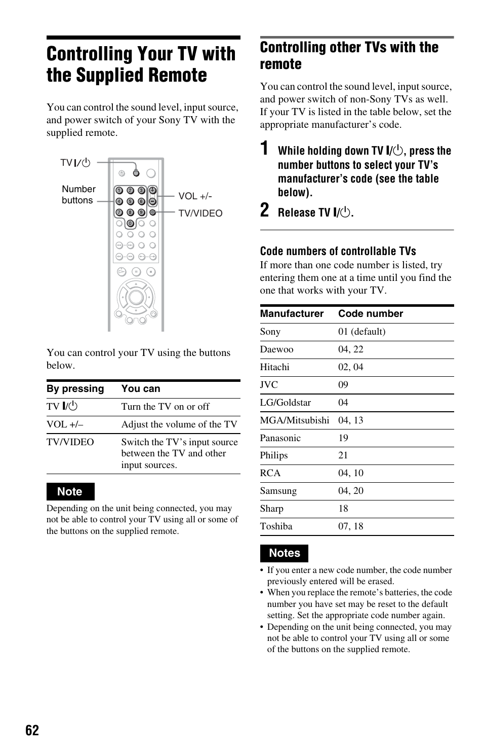 Controlling your tv with the supplied remote, Tton (62), N (62 | Controlling other tvs with the remote | Sony DVP-NS575P User Manual | Page 62 / 80