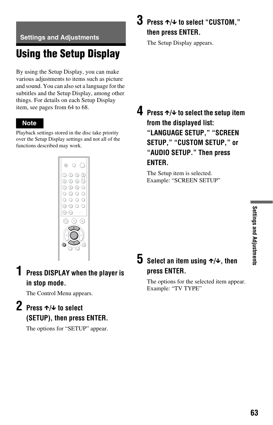 Settings and adjustments, Using the setup display | Sony DVP-NS575P User Manual | Page 63 / 80