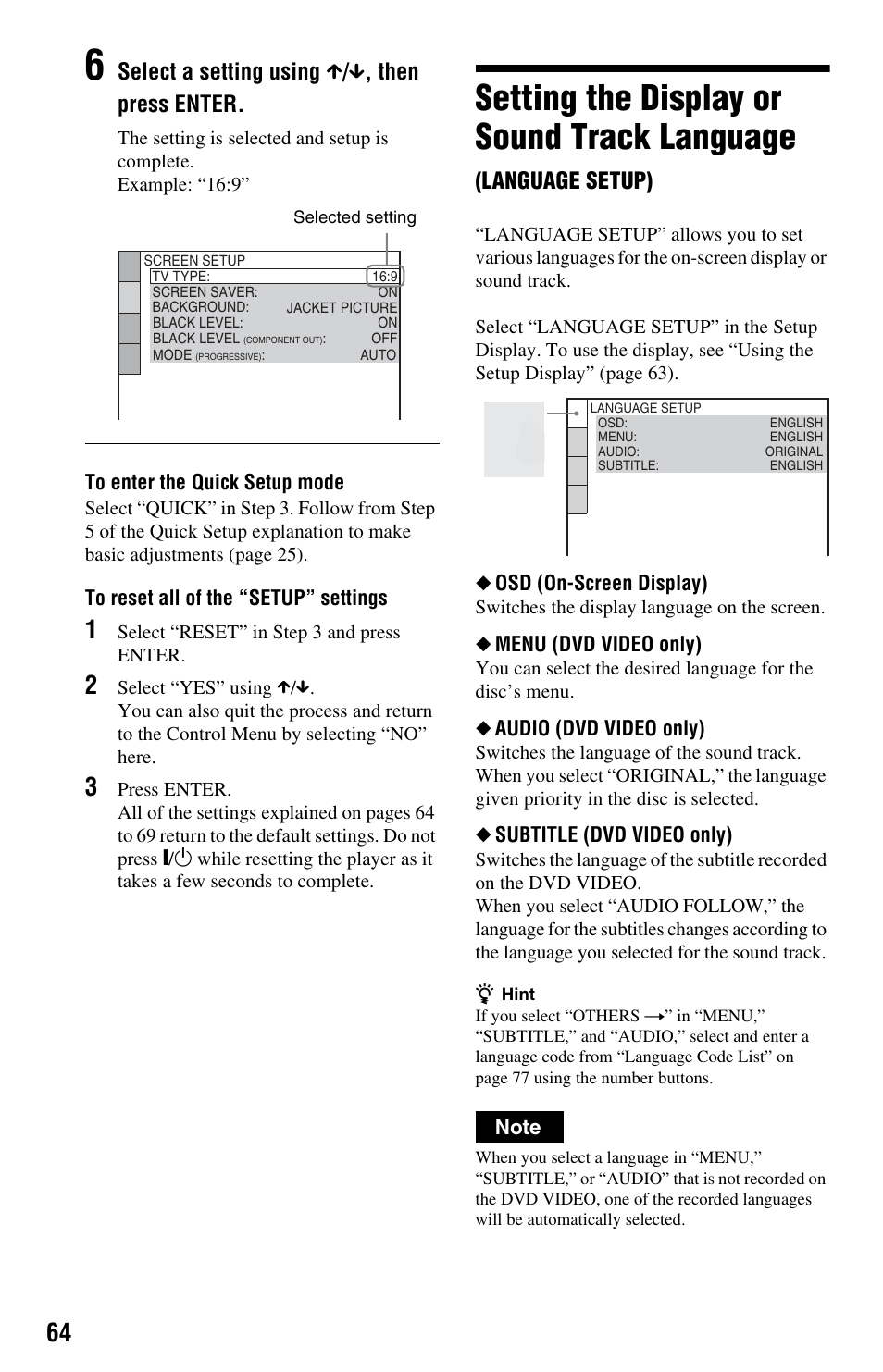 Setting the display or sound track language, Select a setting using x / x , then press enter, Language setup) | Sony DVP-NS575P User Manual | Page 64 / 80