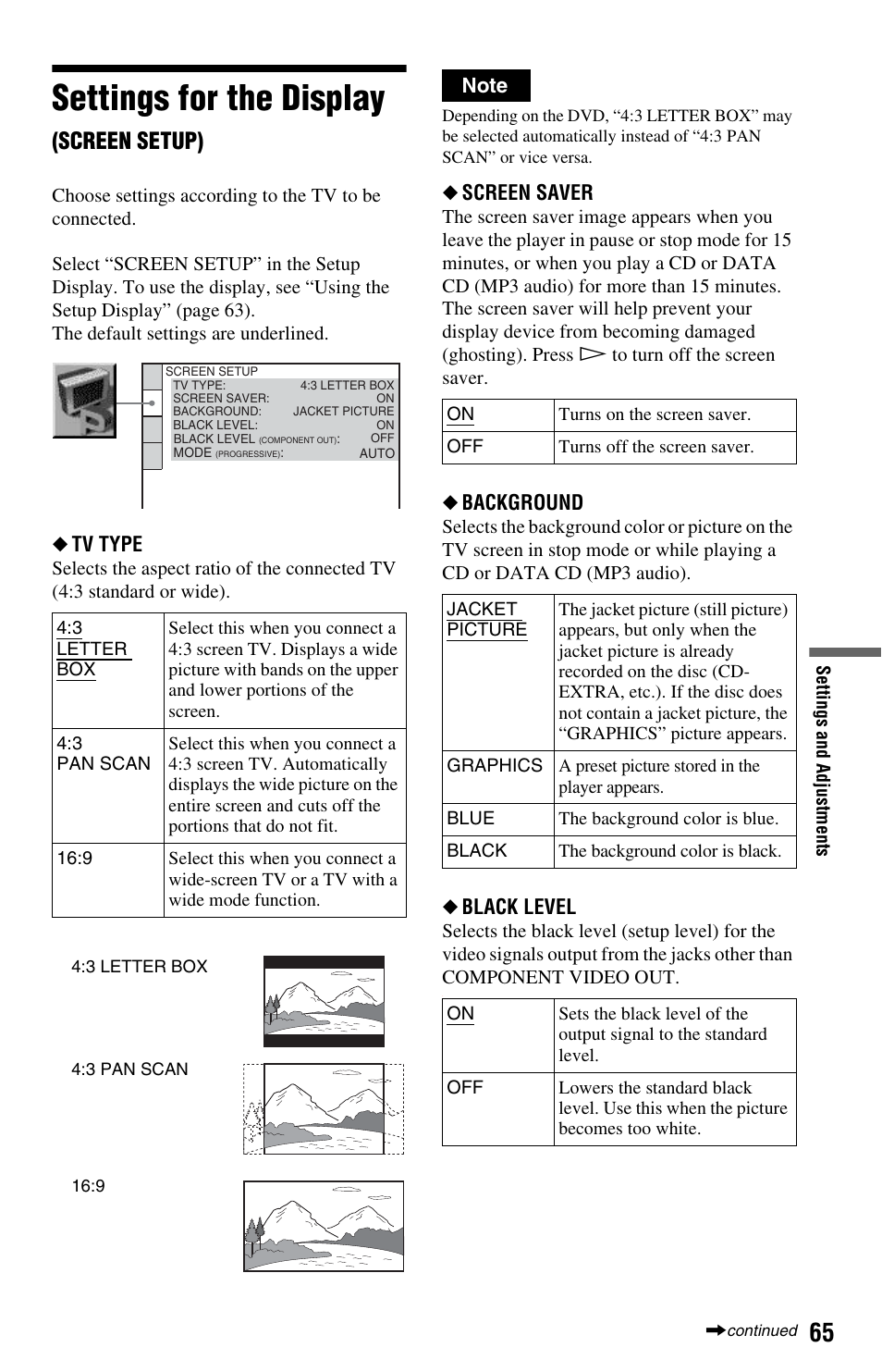 Settings for the display (screen setup), Settings for the display (s, Settings for the display | Screen setup), Tv type, Screen saver, Background, Black level | Sony DVP-NS575P User Manual | Page 65 / 80