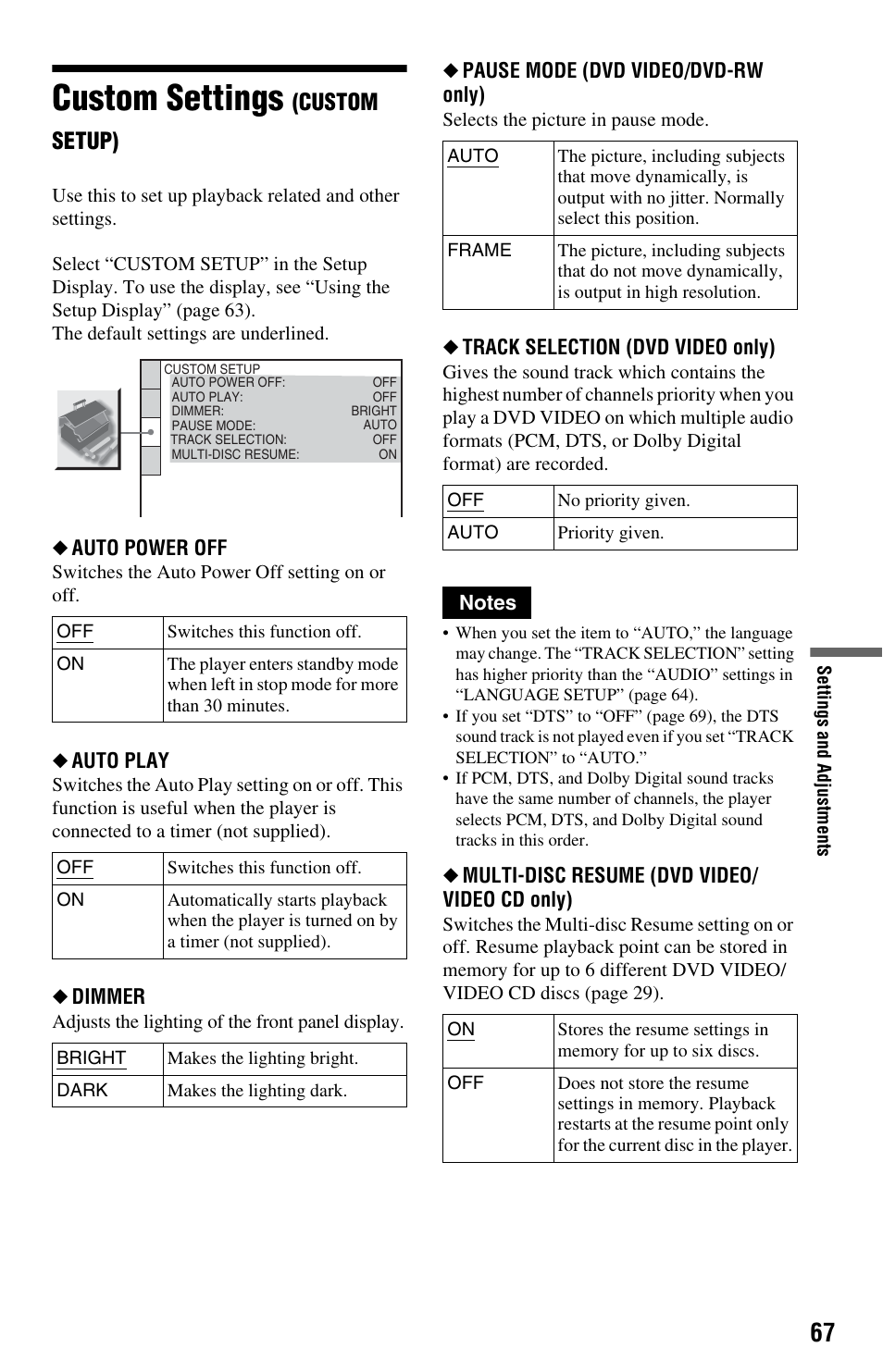 Custom settings (custom setup), Custom settings (cus, Custom settings | Custom setup) | Sony DVP-NS575P User Manual | Page 67 / 80