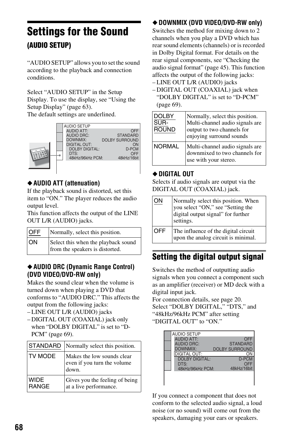 Settings for the sound (audio setup), Settings for the sound (a, Settings for the sound | Setting the digital output signal, Audio setup), Audio att (attenuation), Downmix (dvd video/dvd-rw only), Digital out | Sony DVP-NS575P User Manual | Page 68 / 80