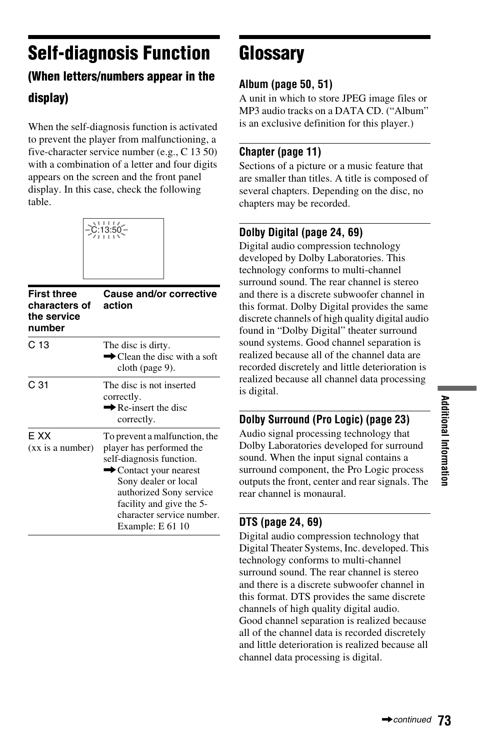 Glossary, Self-diagnosis function (wh, Self-diagnosis function | Sony DVP-NS575P User Manual | Page 73 / 80