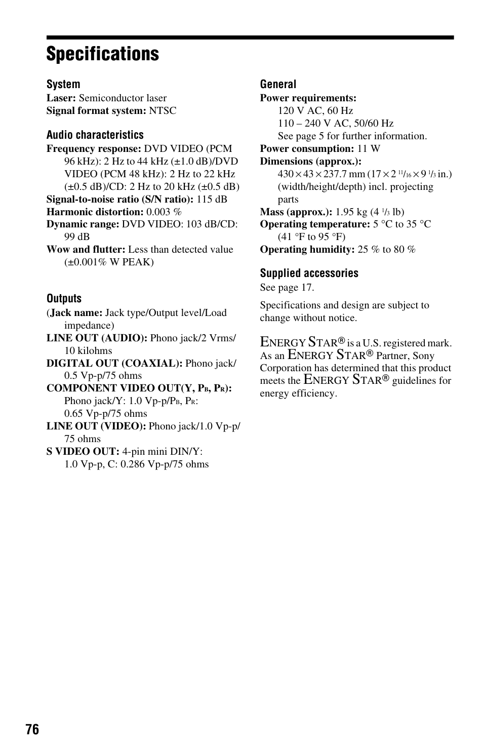 Specifications | Sony DVP-NS575P User Manual | Page 76 / 80