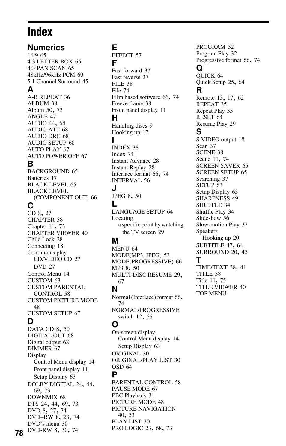 Index, Numerics | Sony DVP-NS575P User Manual | Page 78 / 80