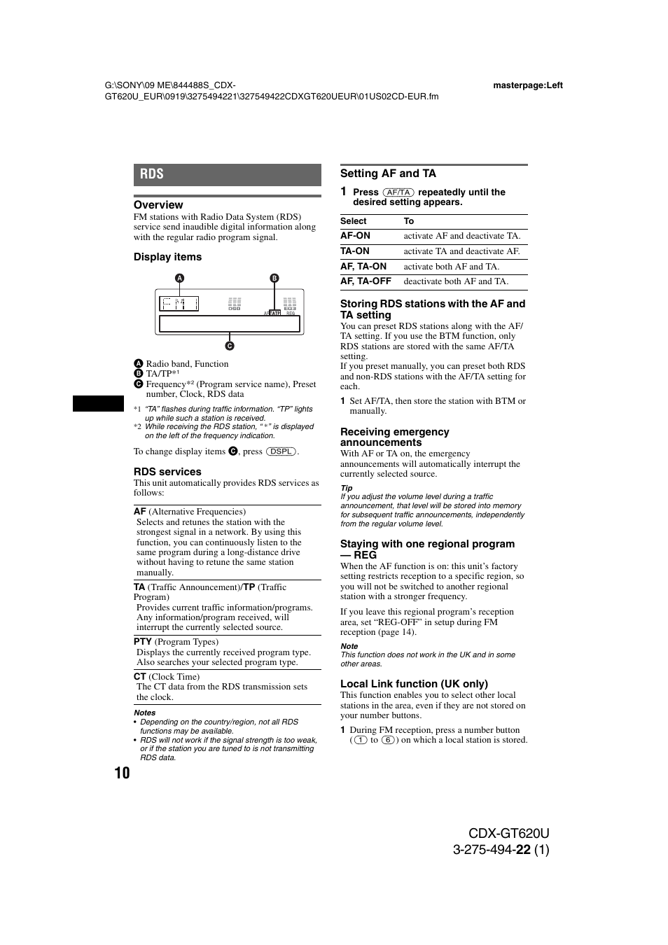 Overview, Setting af and ta, Overview setting af and ta | Sony CDXGT620U User Manual | Page 10 / 120