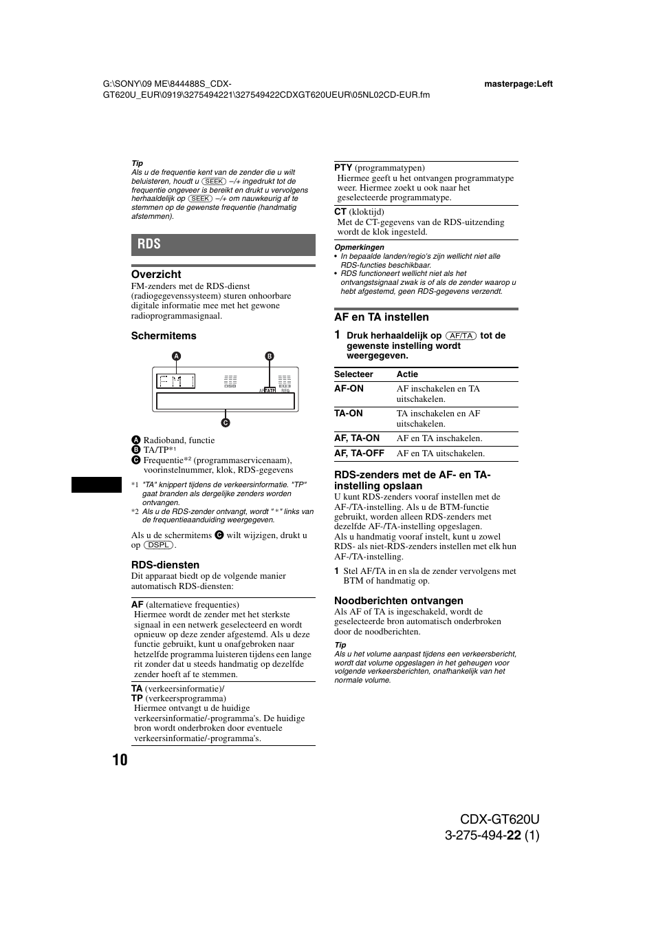 Overzicht, Af en ta instellen, Overzicht af en ta instellen | Sony CDXGT620U User Manual | Page 104 / 120