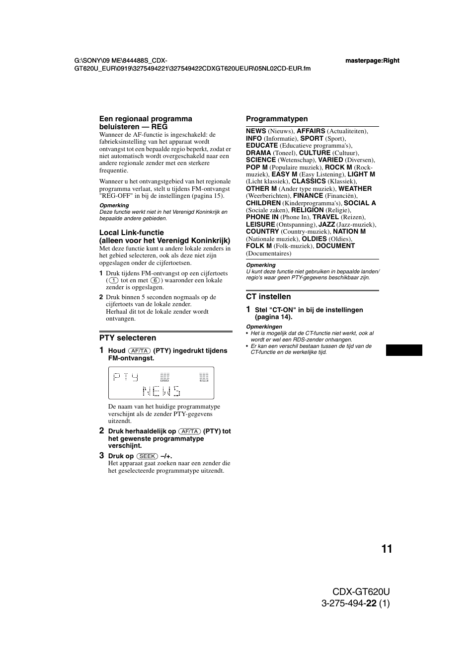 Pty selecteren, Ct instellen, Pty selecteren ct instellen | Sony CDXGT620U User Manual | Page 105 / 120