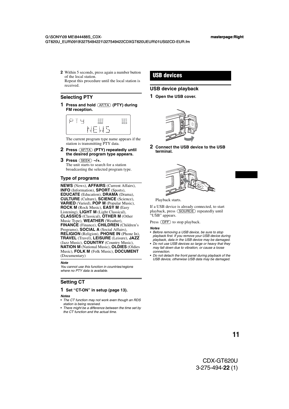 Selecting pty, Setting ct, Usb devices | Usb device playback, Selecting pty setting ct | Sony CDXGT620U User Manual | Page 11 / 120