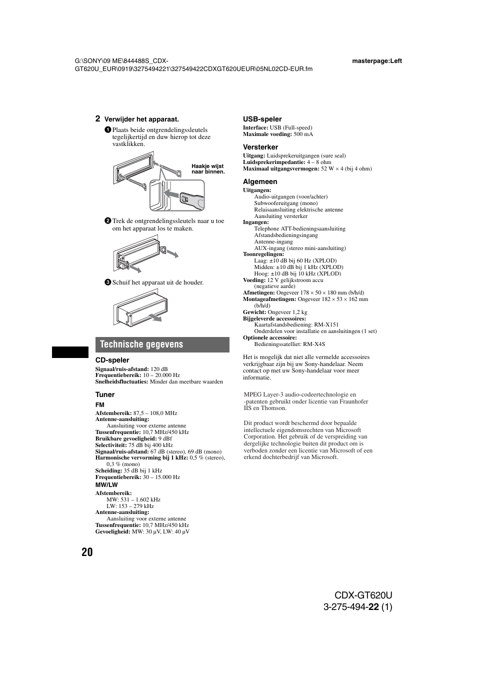 Technische gegevens | Sony CDXGT620U User Manual | Page 114 / 120