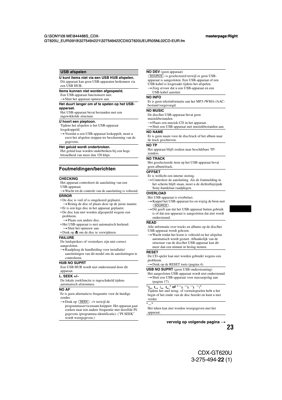 Foutmeldingen/berichten | Sony CDXGT620U User Manual | Page 117 / 120