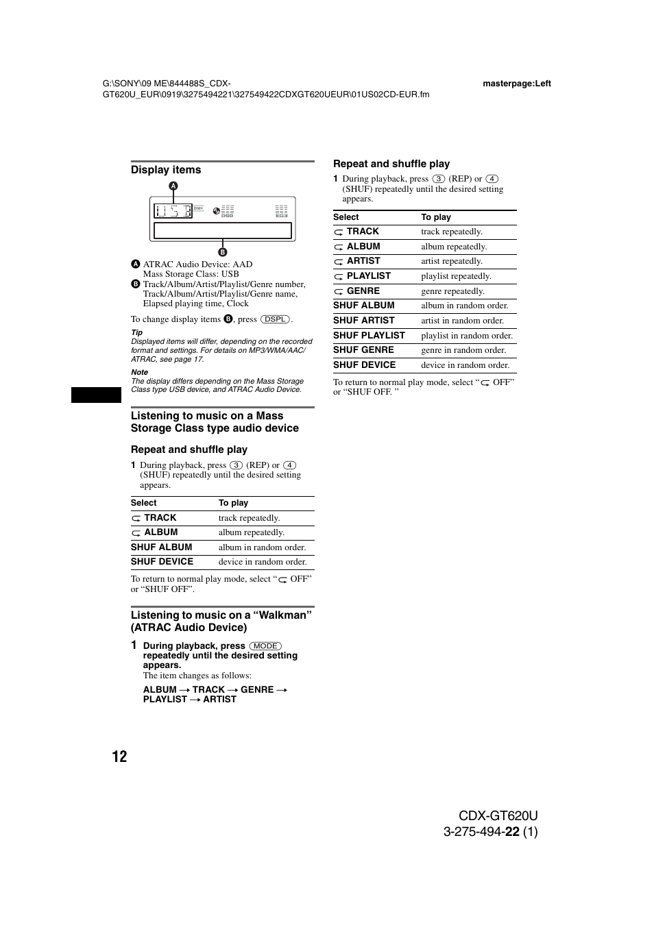 Display items | Sony CDXGT620U User Manual | Page 12 / 120