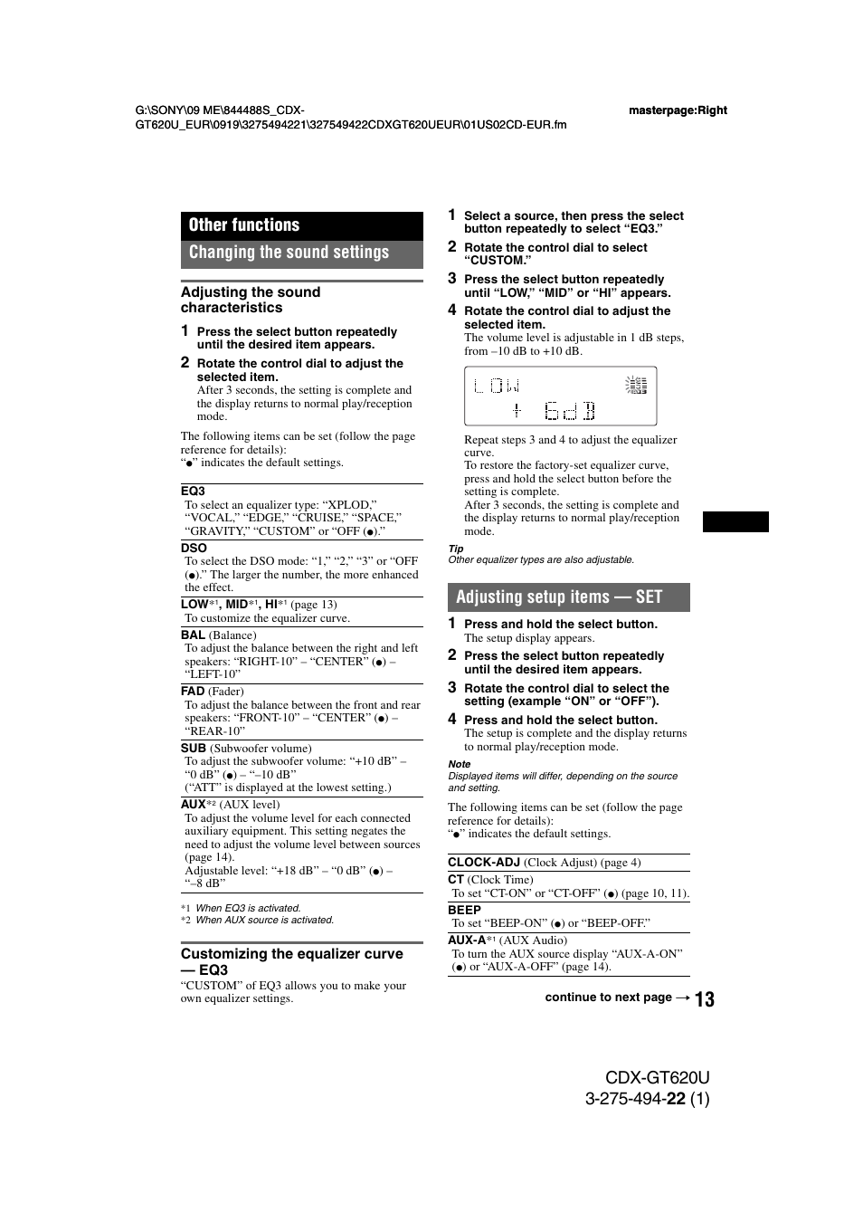 Other functions, Changing the sound settings, Adjusting the sound characteristics | Customizing the equalizer curve - eq3, Adjusting setup items - set, Adjusting setup items — set | Sony CDXGT620U User Manual | Page 13 / 120