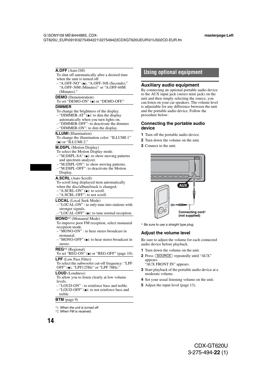 Using optional equipment, Auxiliary audio equipment | Sony CDXGT620U User Manual | Page 14 / 120