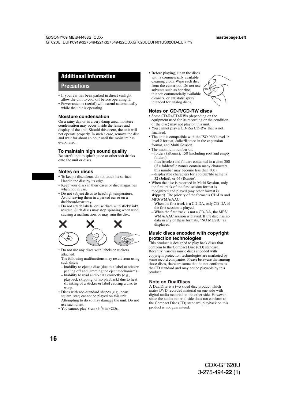 Additional information, Precautions, Notes on discs | Sony CDXGT620U User Manual | Page 16 / 120