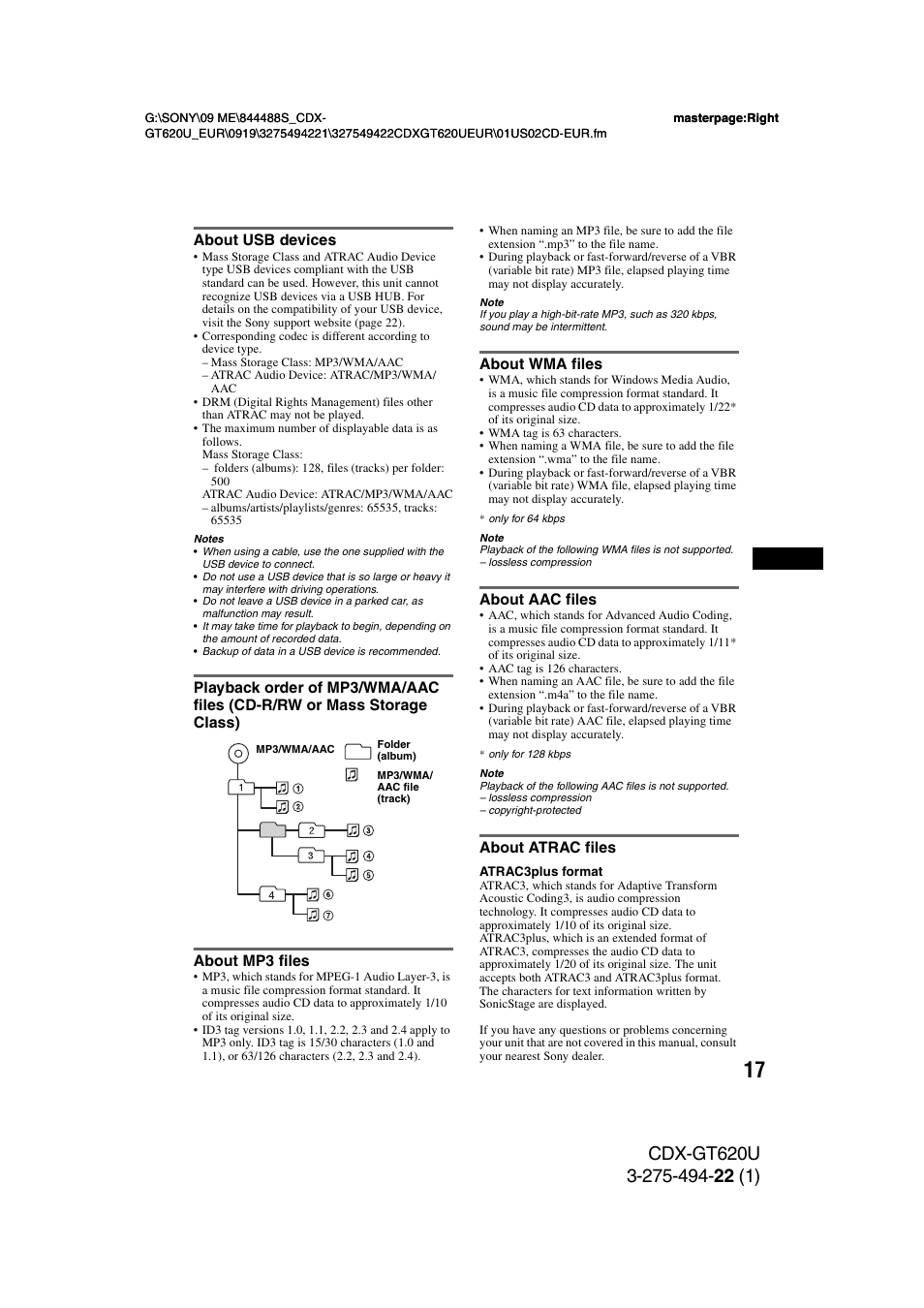 About usb devices, About mp3 files, About wma files | About aac files, About atrac files | Sony CDXGT620U User Manual | Page 17 / 120