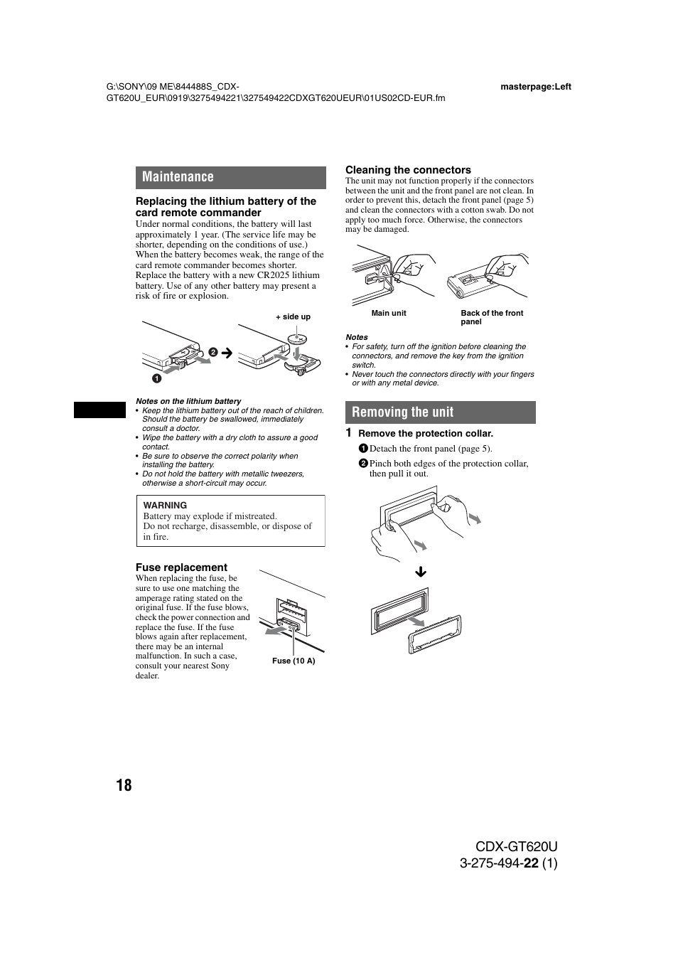 Maintenance, Removing the unit, Maintenance removing the unit | Sony CDXGT620U User Manual | Page 18 / 120