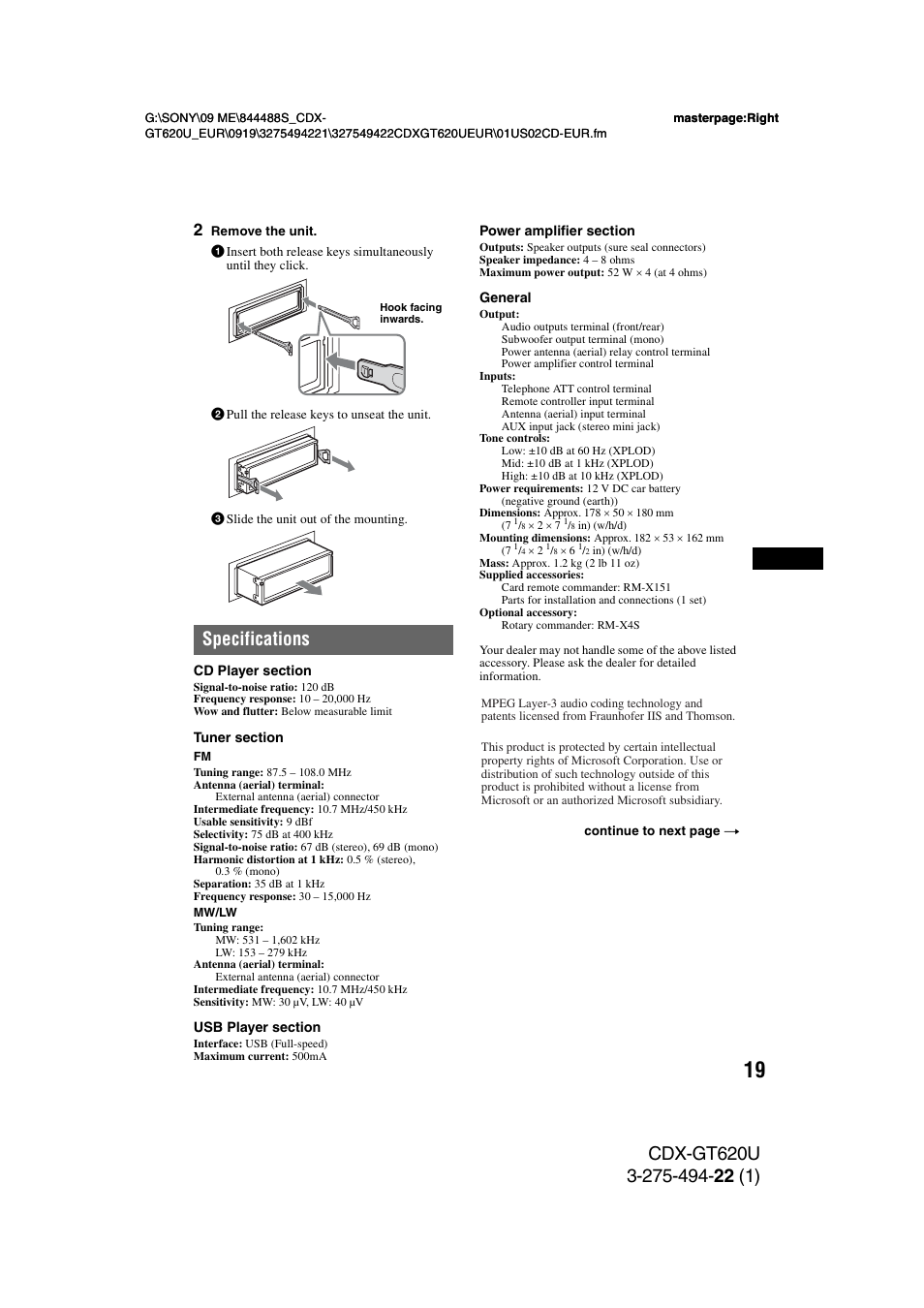 Specifications | Sony CDXGT620U User Manual | Page 19 / 120