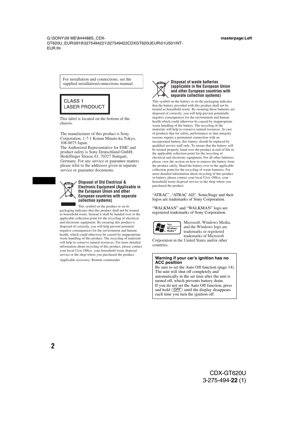 Sony CDXGT620U User Manual | Page 2 / 120