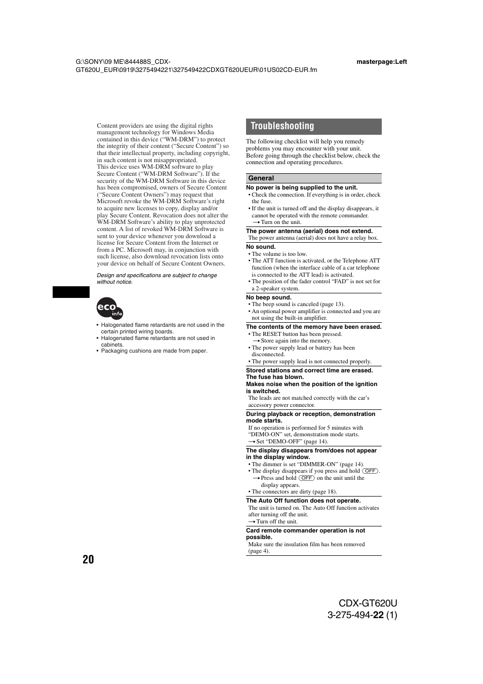 Troubleshooting | Sony CDXGT620U User Manual | Page 20 / 120