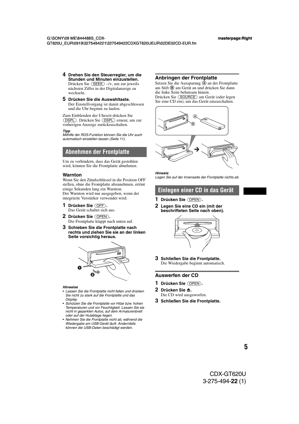 Abnehmen der frontplatte, Anbringen der frontplatte, Einlegen einer cd in das gerät | Auswerfen der cd | Sony CDXGT620U User Manual | Page 27 / 120