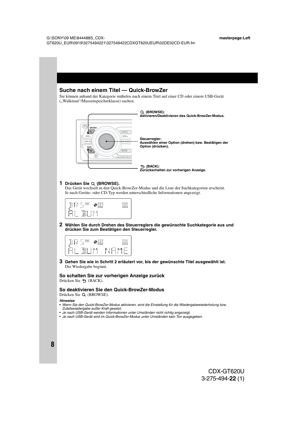 Suche nach einem titel - quick-browzer, Suche nach einem titel — quick-browzer, Seite 8) | Seite 8, Seite 8, 13 | Sony CDXGT620U User Manual | Page 30 / 120