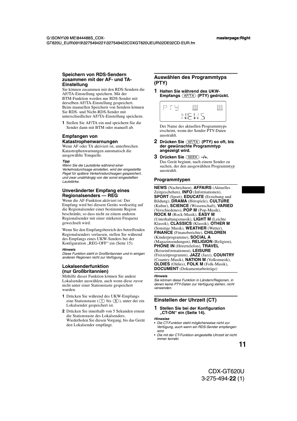 Auswählen des programmtyps (pty), Einstellen der uhrzeit (ct) | Sony CDXGT620U User Manual | Page 33 / 120