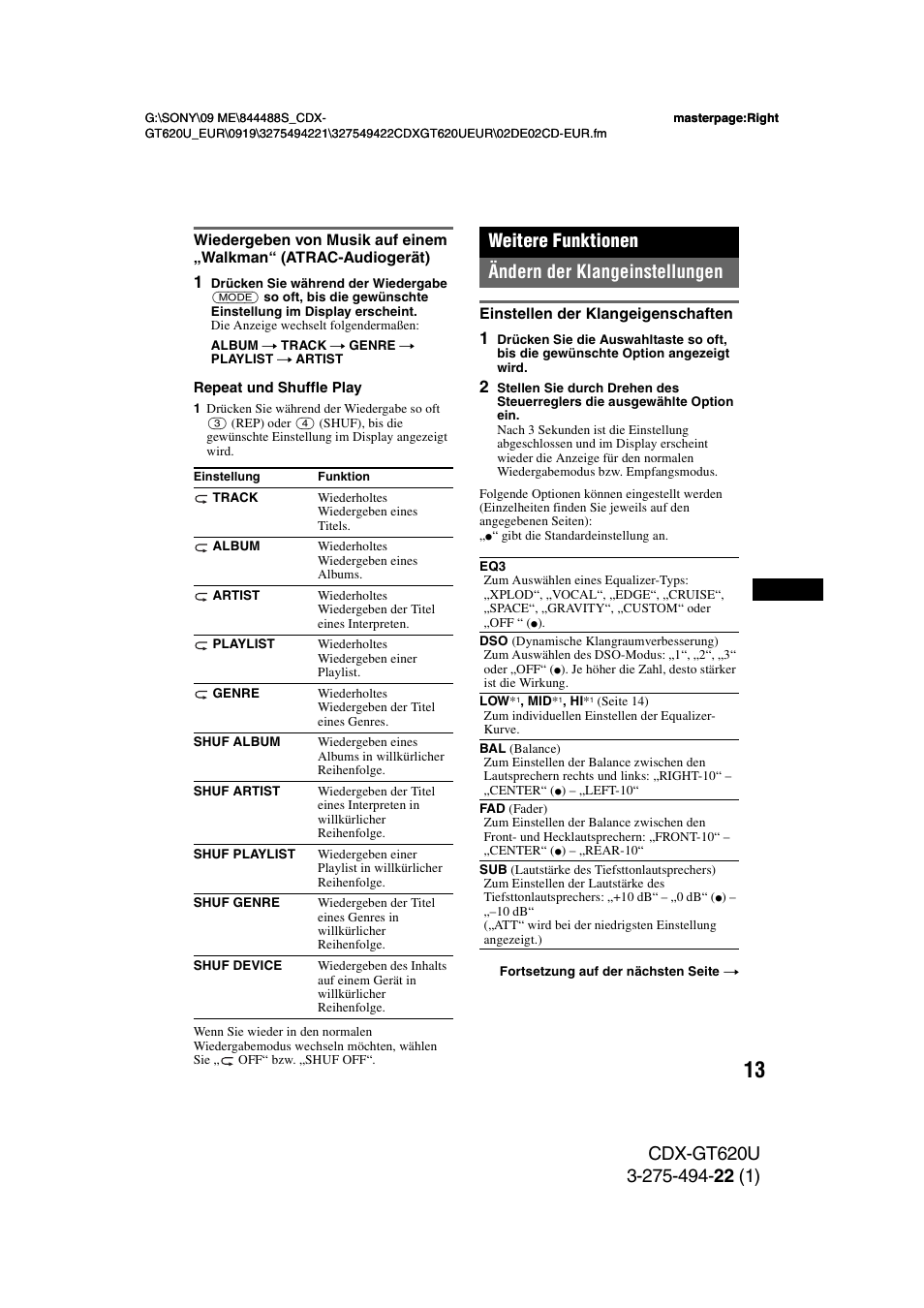 Weitere funktionen, Ändern der klangeinstellungen, Einstellen der klangeigenschaften | Weitere funktionen ändern der klangeinstellungen | Sony CDXGT620U User Manual | Page 35 / 120