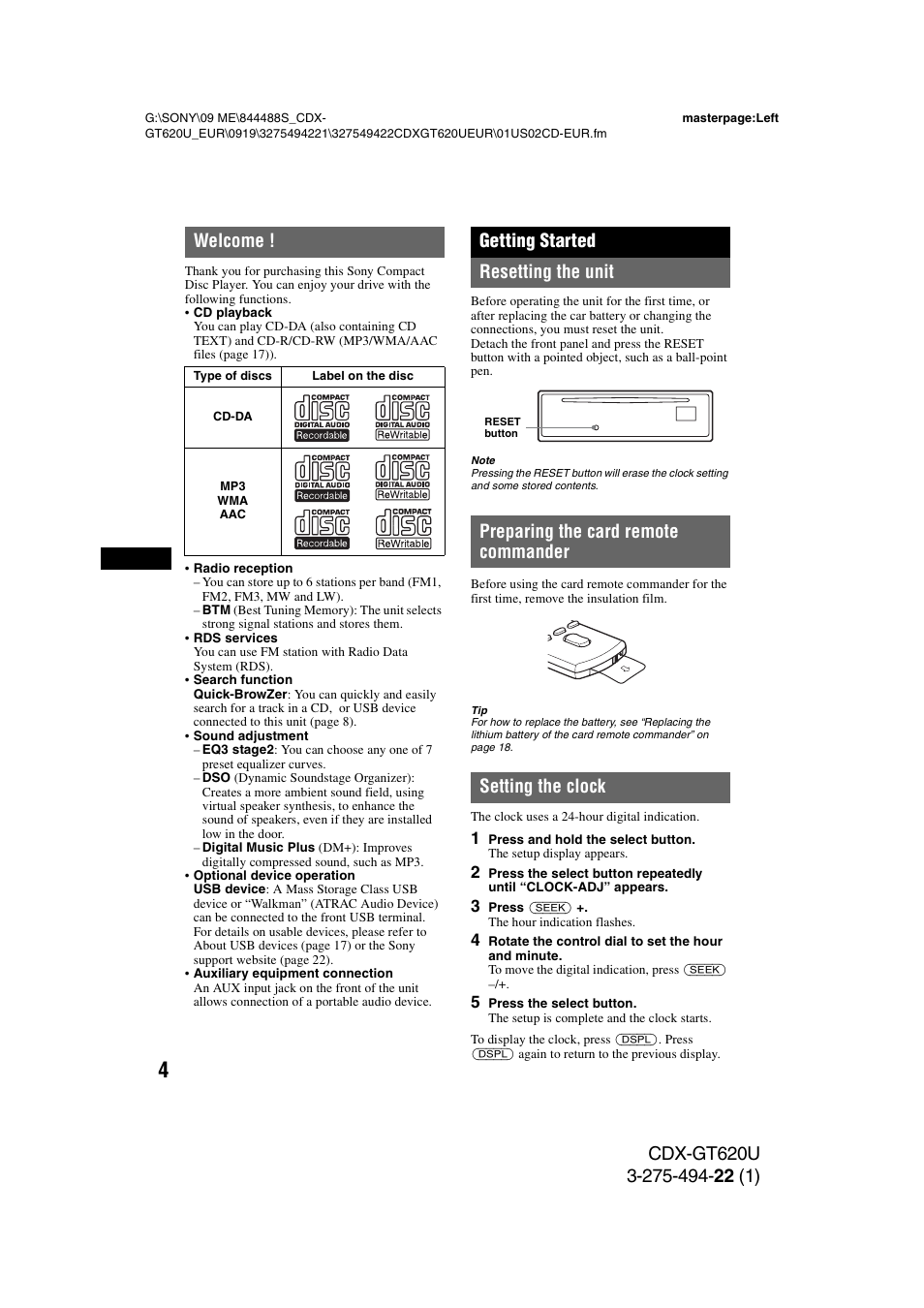 Welcome, Getting started, Resetting the unit | Preparing the card remote commander, Setting the clock, Getting started resetting the unit | Sony CDXGT620U User Manual | Page 4 / 120