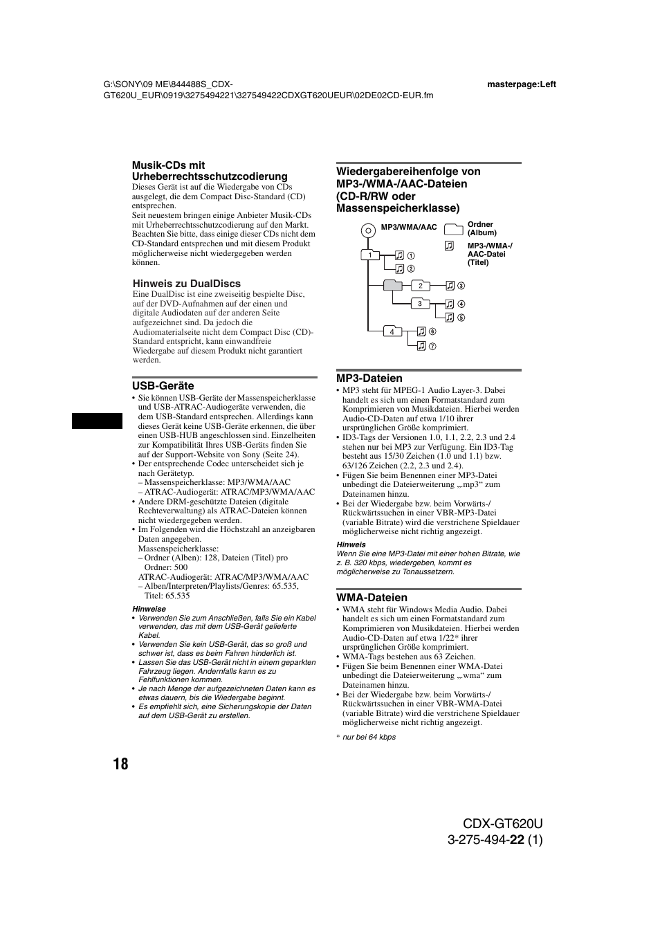 Usb-geräte, Mp3-dateien, Wma-dateien | Seite 18, Seite 18) o | Sony CDXGT620U User Manual | Page 40 / 120