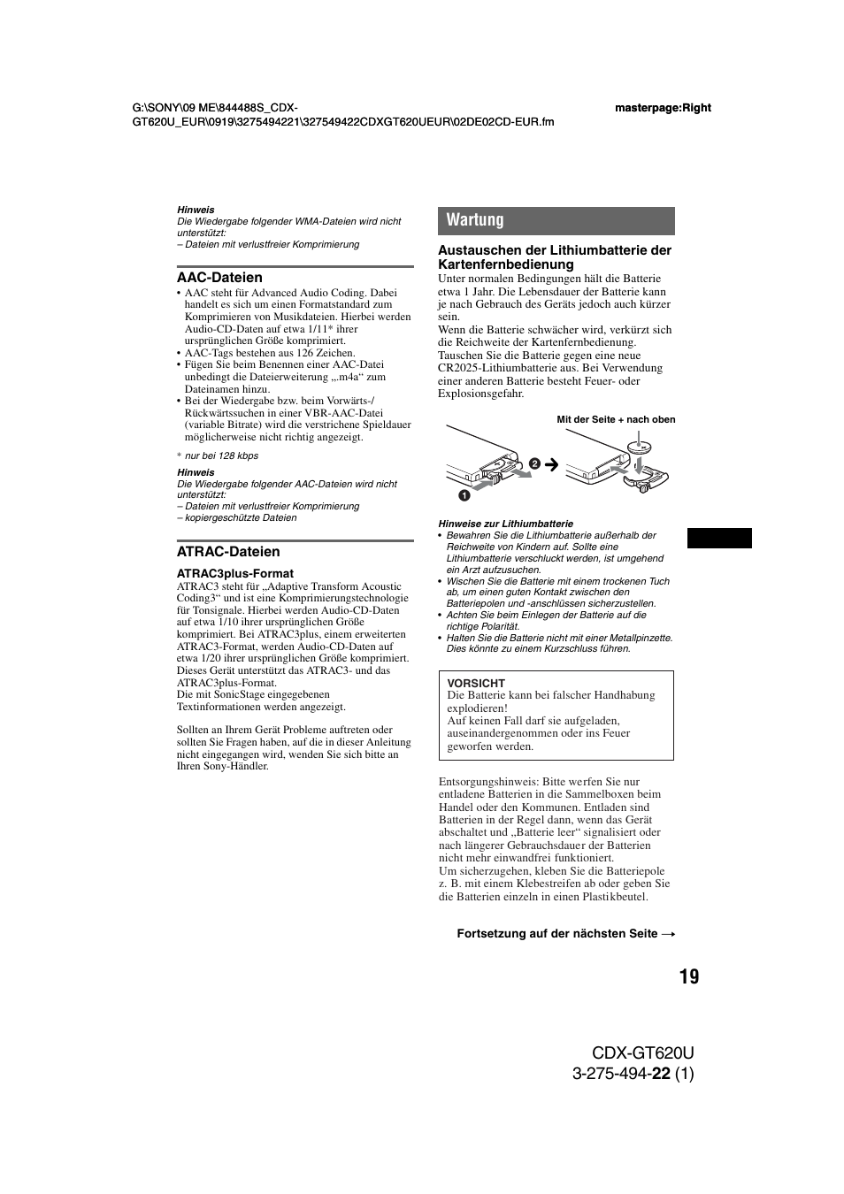 Aac-dateien, Atrac-dateien, Wartung | Aac-dateien atrac-dateien | Sony CDXGT620U User Manual | Page 41 / 120