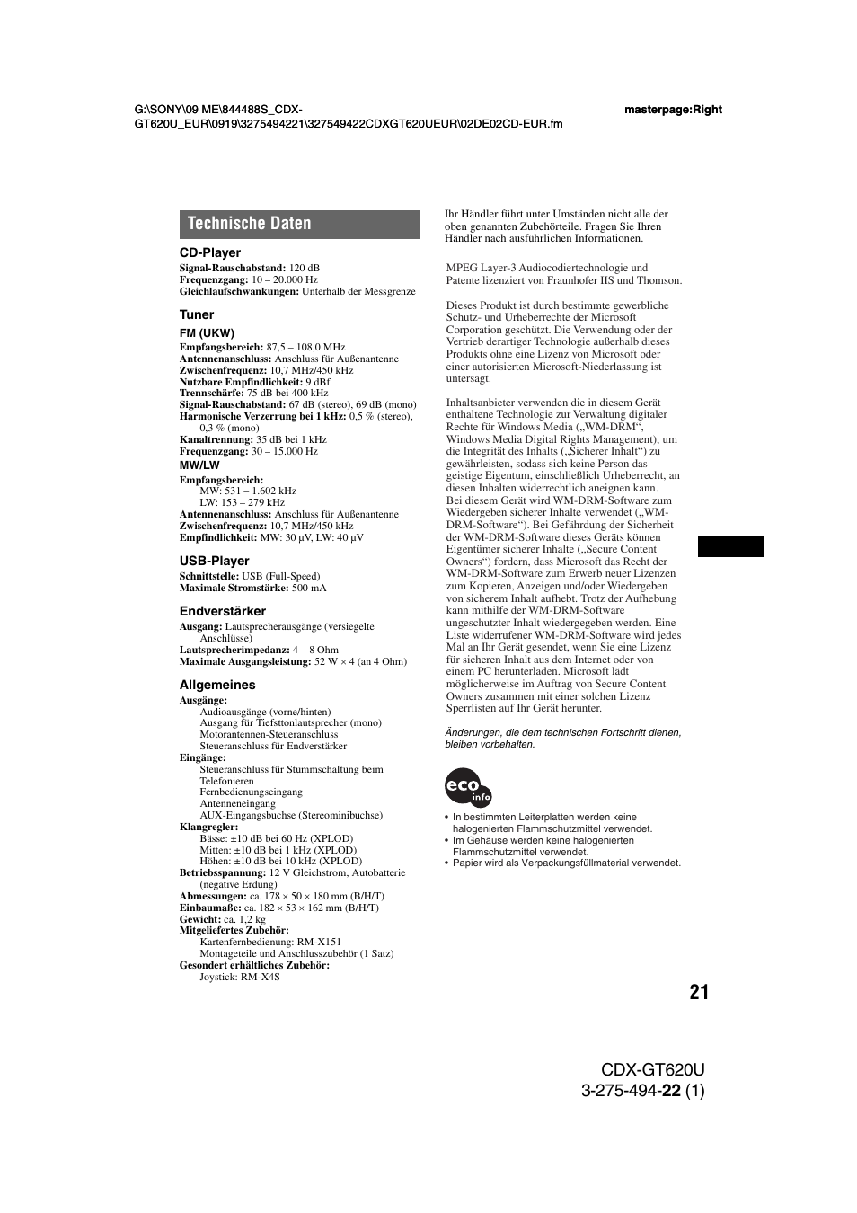 Technische daten | Sony CDXGT620U User Manual | Page 43 / 120