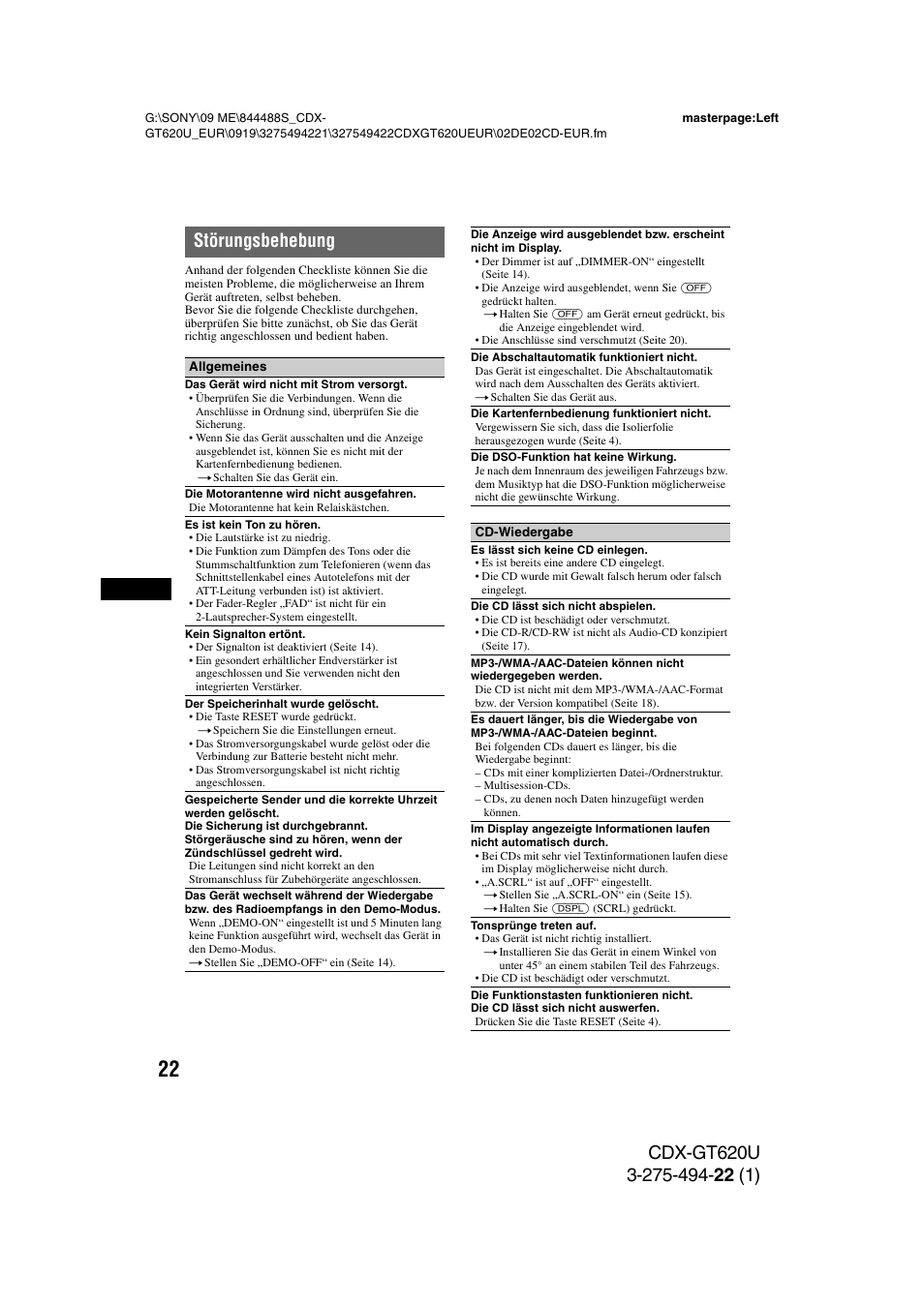 Störungsbehebung | Sony CDXGT620U User Manual | Page 44 / 120