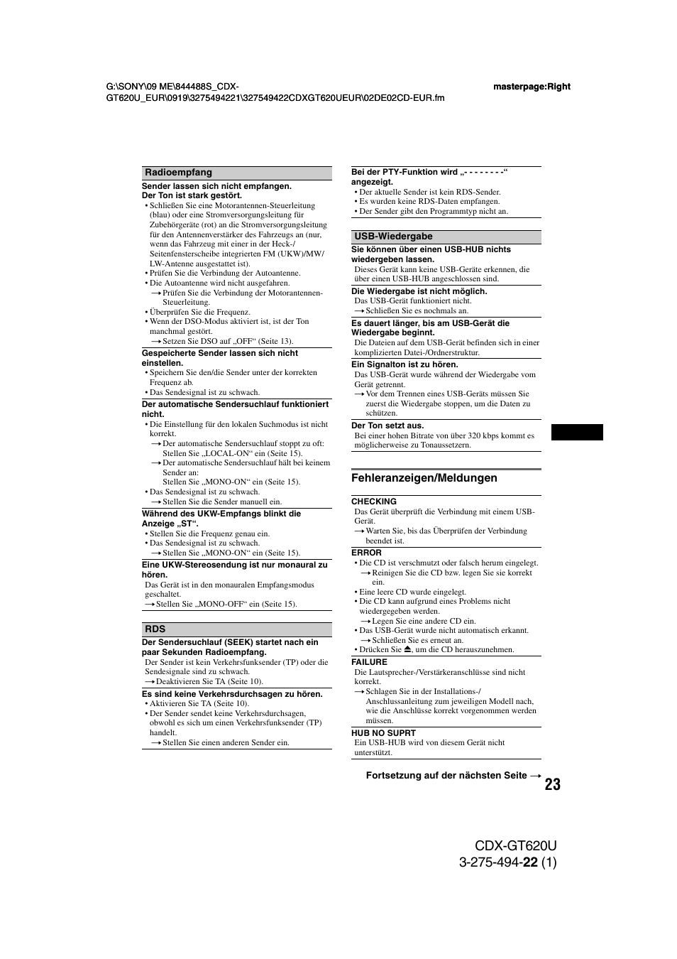 Fehleranzeigen/meldungen | Sony CDXGT620U User Manual | Page 45 / 120