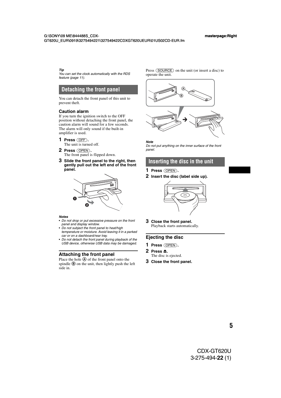 Detaching the front panel, Attaching the front panel, Inserting the disc in the unit | Ejecting the disc | Sony CDXGT620U User Manual | Page 5 / 120