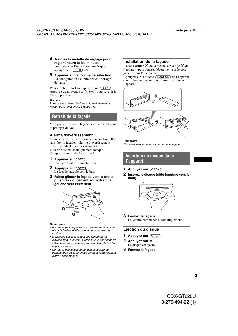 Retrait de la façade, Installation de la façade, Insertion du disque dans l’appareil | Ejection du disque | Sony CDXGT620U User Manual | Page 51 / 120