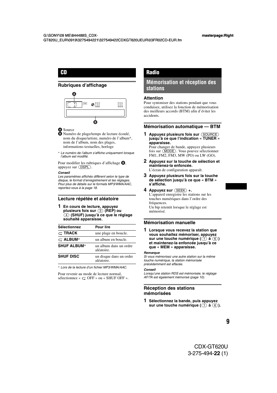 Rubriques d’affichage, Lecture répétée et aléatoire, Radio | Mémorisation et réception des stations, Mémorisation automatique - btm, Mémorisation manuelle, Réception des stations mémorisées, Rubriques d’affichage lecture répétée et aléatoire, Radio mémorisation et réception des stations | Sony CDXGT620U User Manual | Page 55 / 120