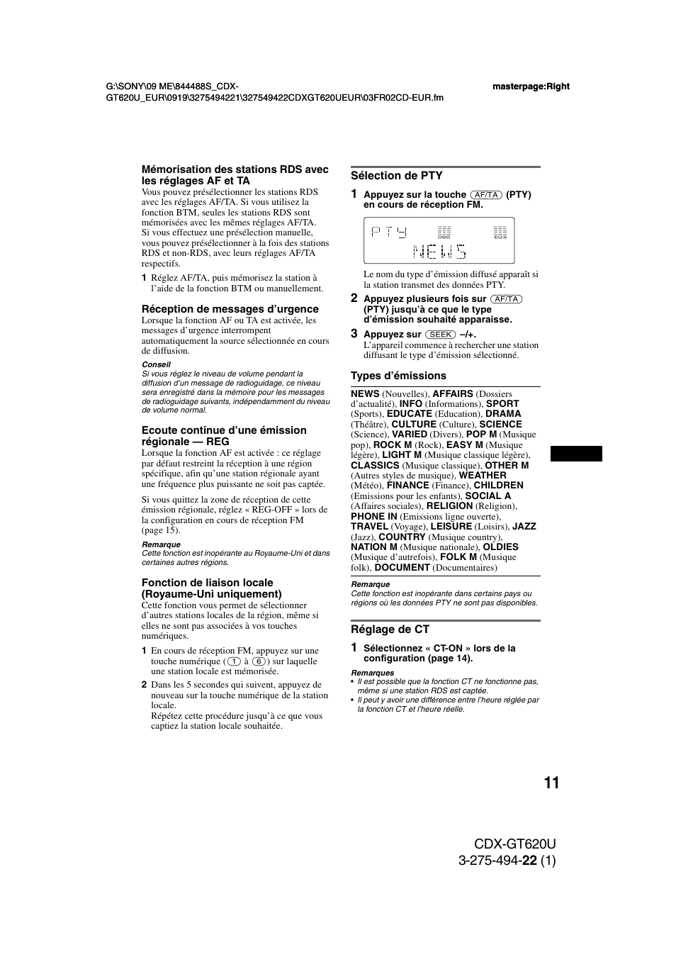 Sélection de pty, Réglage de ct, Sélection de pty réglage de ct | Sony CDXGT620U User Manual | Page 57 / 120
