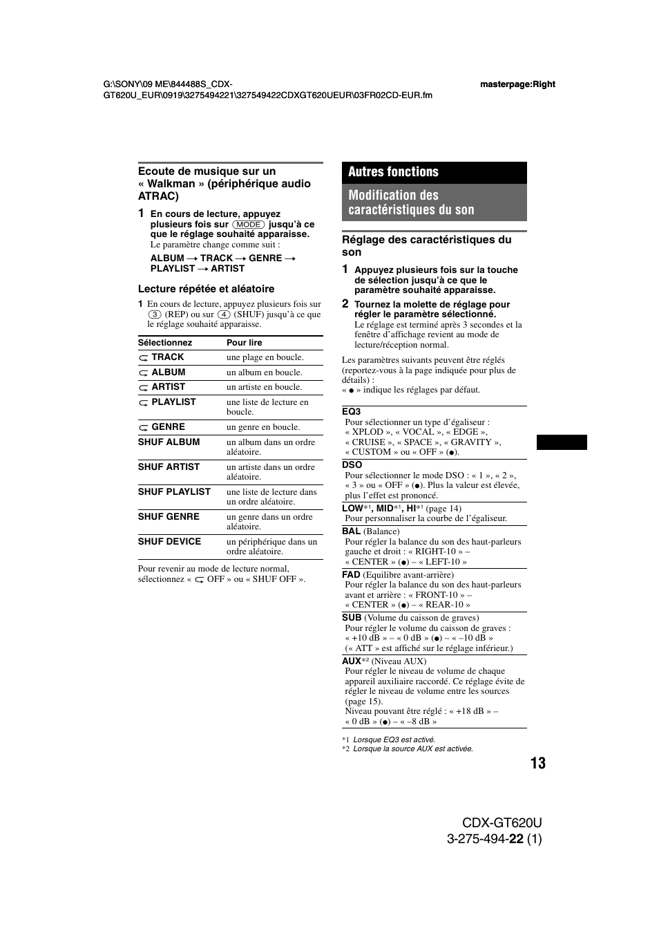 Autres fonctions, Modification des caractéristiques du son, Réglage des caractéristiques du son | Sony CDXGT620U User Manual | Page 59 / 120