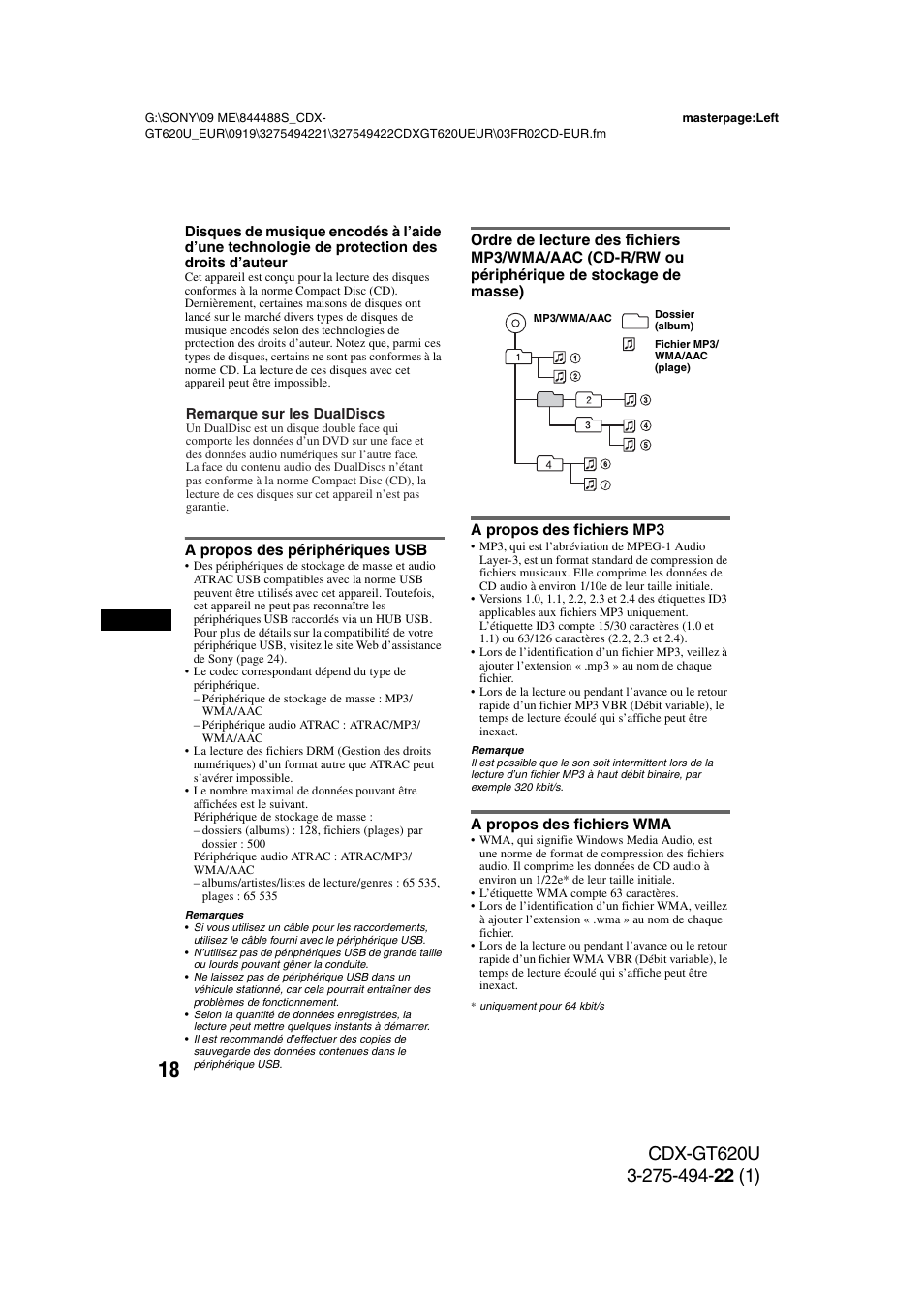 A propos des périphériques usb, A propos des fichiers mp3, A propos des fichiers wma | Sony CDXGT620U User Manual | Page 64 / 120